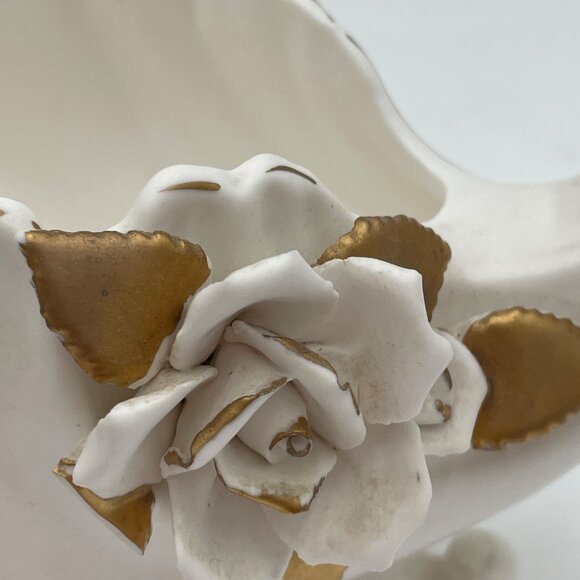 Vintage White Ceramic Bowl Vase W/ Gold Trim Rose Detailing READ - Picture 11 of 11